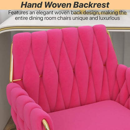 Velvet Home Office Chair, Modern Height-Adjustable Vanity Chair with Golden Base and Hand-Woven Backrest for Bedroom/Study/Vanity (Hot Pink)
