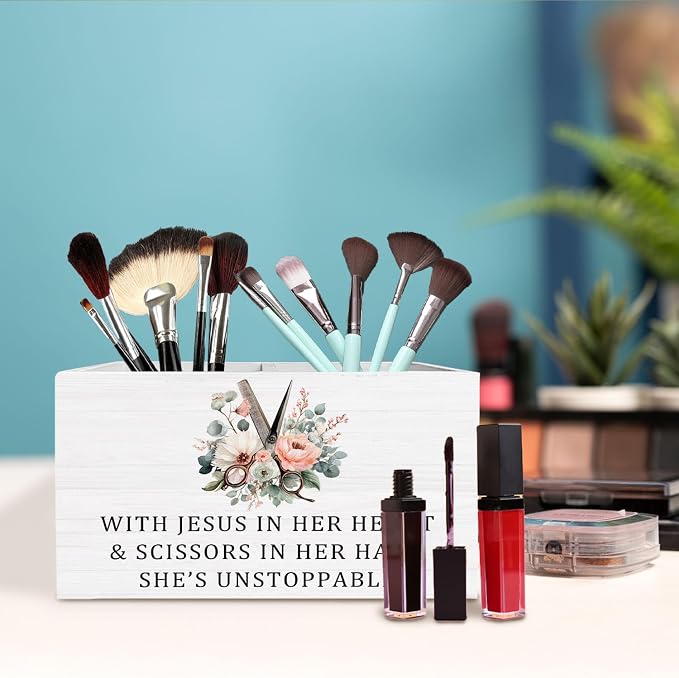 Christian Hairstylist Pen Holder for Desk, Hairdresser Hairstylist Gifts Wooden Box Sign Desk Decor for Hair Beauty Salon Barber Shop Decoration, Barber Gifts Pencil Organizer