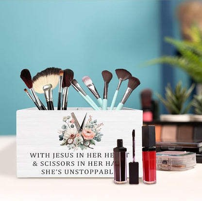 Christian Hairstylist Pen Holder for Desk, Hairdresser Hairstylist Gifts Wooden Box Sign Desk Decor for Hair Beauty Salon Barber Shop Decoration, Barber Gifts Pencil Organizer