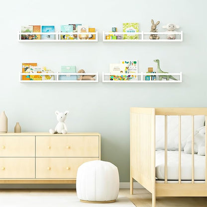 Fixwal Nursery Book Shelves, 32 Inch Floating Bookshelves for Wall Set of 4, Baby Nursery & Playroom Decor, Solid Wood Wall Mounted Shelves for Books and Toys Storage (White)