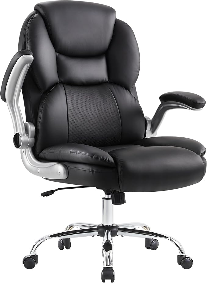 IWMH Executive Office Chair, Ergonomic Big and Tall Computer Desk Chair, High Back PU Leather Chair with Padded Flip-up Armrest, Lumbar Support Swivel Rolling Chairs Black