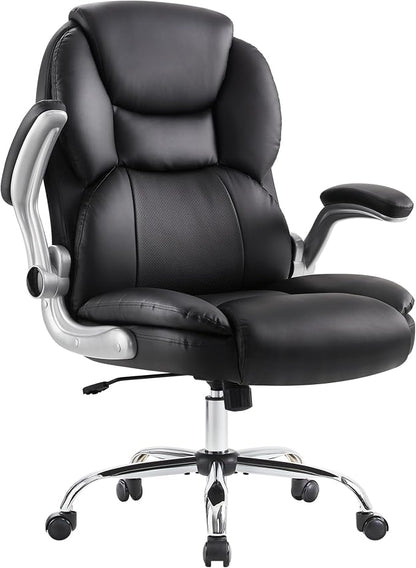 IWMH Executive Office Chair, Ergonomic Big and Tall Computer Desk Chair, High Back PU Leather Chair with Padded Flip-up Armrest, Lumbar Support Swivel Rolling Chairs Black