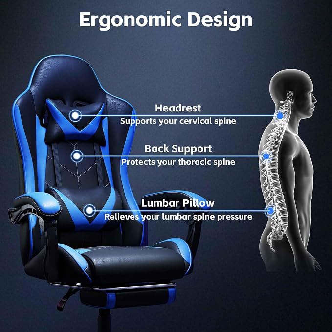 Gaming Chair, Ergonomic Computer Chair with Footrest and Lumbar Support, Height Adjustable Video Game Chair with 360° Swivel Seat and Headrest for Office, Home, Streaming and Gaming (Blue)