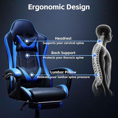 Gaming Chair, Ergonomic Computer Chair with Footrest and Lumbar Support, Height Adjustable Video Game Chair with 360° Swivel Seat and Headrest for Office, Home, Streaming and Gaming (Blue)