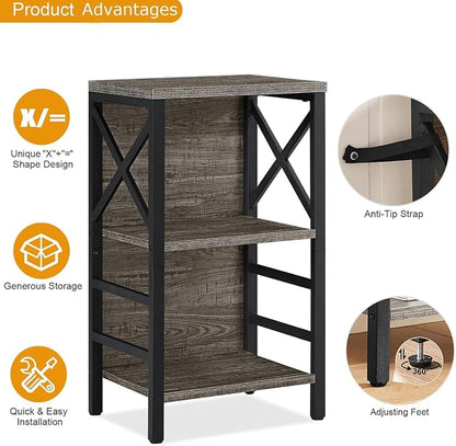 MNEETRUNG Small Bookcase,3 Tier Industrial Bookshelf with Metal Frame and Backboard,Low Grey Book Shelf,Book case for Small Spaces,Living Room,Bedroom and Home Office