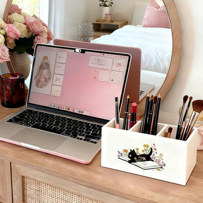 Black Cat Pen Holder, Book Lovers Reader Gifts Pencil Holder for Desk, Black Cat Lovers Gifts for Women, Floral Book Wooden Box Sign Decorations for Reading Room Corner Nook Desk Tabletop