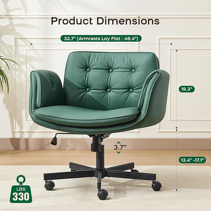 amseatec Criss Cross Office Chair, PU Leather Vanity Chair with 5-Level Adjustable Armrests & Swivel, Ergonomic Criss Cross Chair for Home Office Bedroom Makeup（Green）