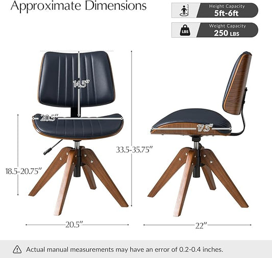 HULALA HOME Faux Leather Home Office Chair with Solid Wood Legs, 360° Swivel Desk Chair No Wheels with Bentwood Design, Mid-Century Modern Wide Seat Computer Task Chair, Navy