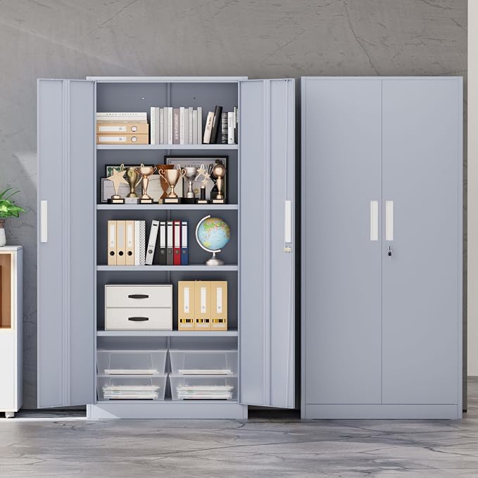 INTERGREAT Garage Storage Cabinet with Lock, 72" Metal Storage Cabinet with Locking Doors and 4 Adjustable Shelves, Lockable Tool Steel Cabinet for Home Office, School, Cement Grey