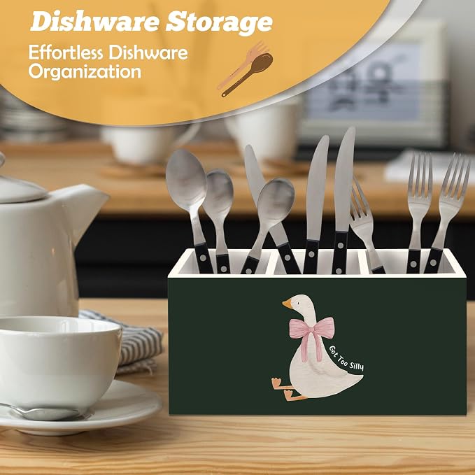 Dark Green Goose Pen Holder Organizer for Desk Accessories, Goose Gifts Wooden Box Sign Desk Decorations for Kids Girl Nursery Room Bedroom Playroom Decor