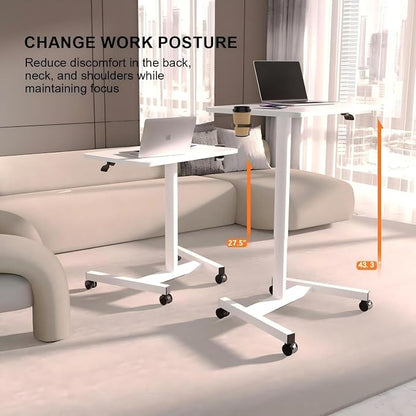 28-Inch Mobile Standing Desk, Computer Workstations with Cup Holder, Portable Standing Desk with Lockable Wheels, Rolling Table for Home Office Classroom Hospital (Snow-White, Steel Classic)