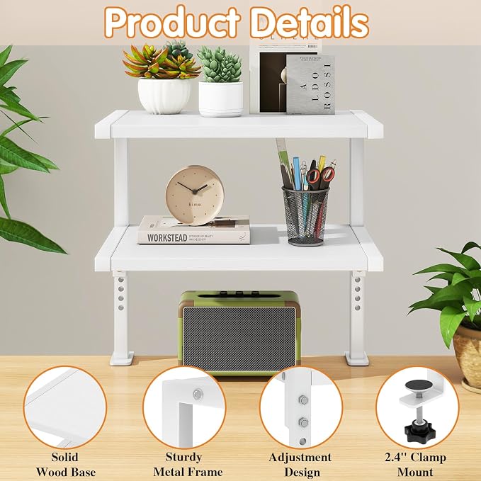 IBUYKE Clamp on Desk Organizer Shelf,12.9 inches Desk Extender Shelves, Above or Below Desk 2-Tier Adjustable Storage Shelves for Desktop Accessories,White,TMZ007W