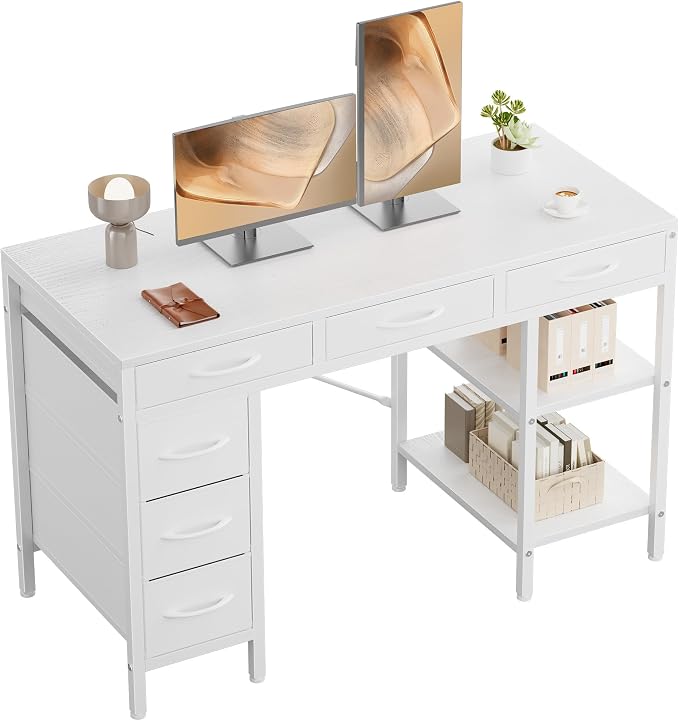 OLIXIS Computer Desk with 6 Drawers, 47 inch Office Workstation with Storage Shelves, Reversible Gaming Setup, Corner Table with Storage Drawers, Work for Home Office, Study, Living Room, White