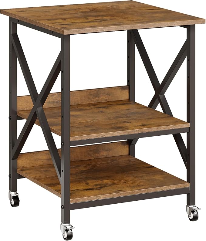 VENNQD 23.6 x 23.6 x 30.3 Inches Printer Stand, Large Printer Table with Adjustable Middle Shelf, Rolling Printer Cart with Wheels, 3 Tier Printer Table for Home Office Scanner Fax, Rustic Brown