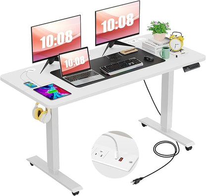 farexon 55 x 24 inch Standing Desk Electric Adjustable Height with Power Outlets, Mouse Pad, Wheels, Stand up Desk with Ergonomic Workstation, 4 Preset Heights Easy to Set(White)