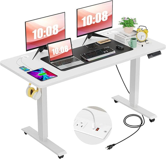 farexon 55 x 24 inch Standing Desk Electric Adjustable Height with Power Outlets, Mouse Pad, Wheels, Stand up Desk with Ergonomic Workstation, 4 Preset Heights Easy to Set(White)