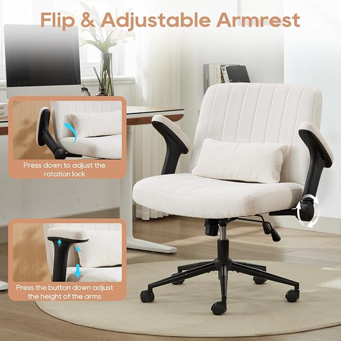 IPKIG Criss Cross Chair with Adjustable Flip-up Arms, Vanity Chair with Wheels, Comfy Desk Chair with Lumbar Pillow Swivel Wide Office Chair for Home Office, Bedroom, Chenille, Beige