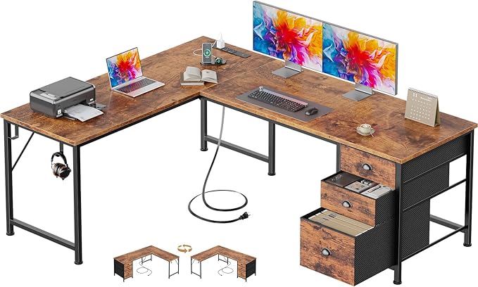 Furologee 63" L Shaped Desk with Power Outlets & USB-C Port, Reversible Corner Computer Desk with 3 Fabric Drawers, Hooks, Large Home Office Desk for Gaming, Writing, Work, Rustic Brown