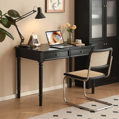 Solid Wood Computer Desk with Double Drawers, Black Vintage Rubber Wood Writing Desk for Home Office 47.2"