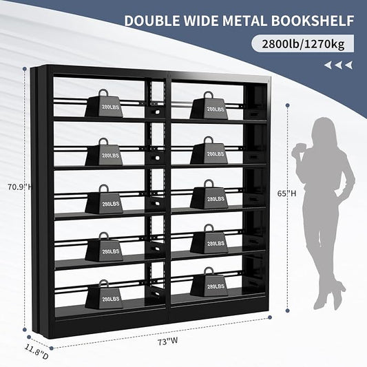 71" Expandable Combination Metal Bookshelf, 5 Tier Library Bookcase with Adjustable Shelves, Heavy Duty Bookshelves and Bookcases, Modern Book Shelf Tall Book Case/Shelves (73" W, Black)