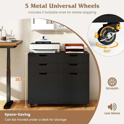 Black File Cabinet with 4 Drawers and 2 Doors, Under Desk Mobile Storage Organizer, Wooden Printer Stand on Wheels, 29" Lateral Filing Cabinet for Home Office Living Room (Black, 4 Drawer & 2 Door)