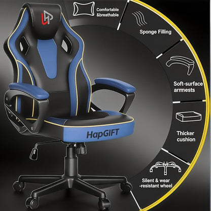 HapGIFT Gaming Chair for Adults, PU Leather Computer Gaming Chair with Link Armrest, Racing Style Gamer Chair, Height Adujustable Ergonomic Swivel PC Office Chair for Home, 300lbs (BLACK BLUE)