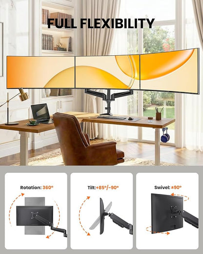 ErGear Triple Monitor Mount, Fully Adjustable Gaming 3 Monitor Desk Mount for 17 to 32 inch Computer Screens, Swivel, Tilt, Rotation, C-Clamp & Grommet Base