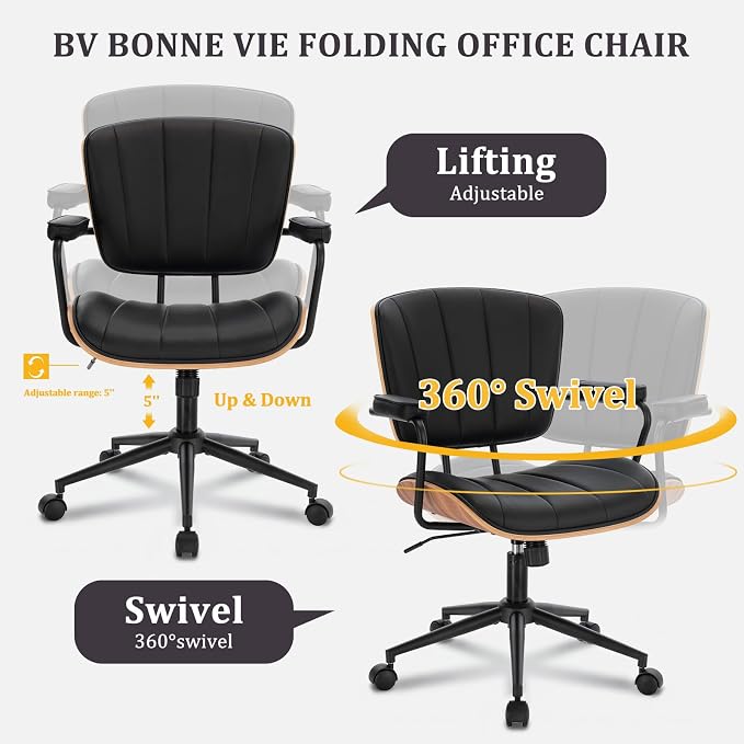 Mid Century Modern Office Chair, Fixed Back Rolling Desk Chair with Armrests and Walnut Back, Adjustable Height for Home Office, Black