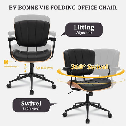Mid Century Modern Office Chair, Fixed Back Rolling Desk Chair with Armrests and Walnut Back, Adjustable Height for Home Office, Black