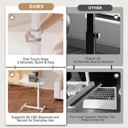 GTPLAYER Small Standing Desk, 24 Inches Foldable Mobile Rolling Laptop PC Table with Lockable Casters, Adjustable Height Overbed Bedside Table Computer Workstation for Home Office, White-Foldable