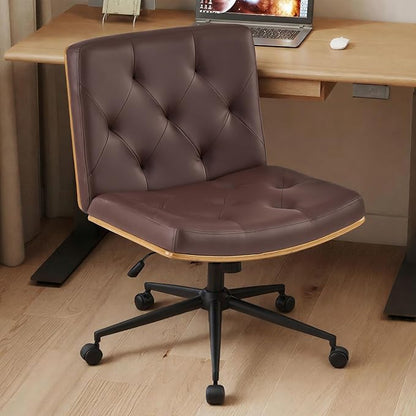 Furnimart Heavy-Duty Curved FSC Wood Desk Chair 360° Swivel, Faux Leather Criss Cross Chair with Wheels Wide Seat, Comfy Armless Cross Legged Sitting for Bedroom, Office, Vanity (PU Brown)