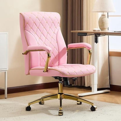 Furniliving Pink and Gold Office Chair, Leather Office Chairs, Adjustable Vanity Chair with Golden Legs and Padded Armrest, Modern Upholstered Computer Chair with Wheels,Pink