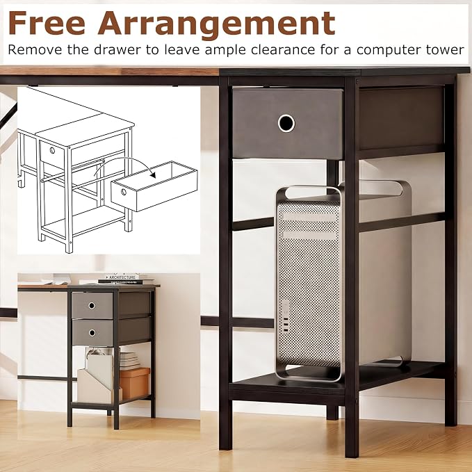 Giantex 48" Computer Desk with 2 Fabric Drawers, Industrial Home Office Desk with Open Storage Shelf, 2-Toned Finish & Metal Frame, Gaming Study Writing Table for Small Space, Bedroom, Rustic Brown