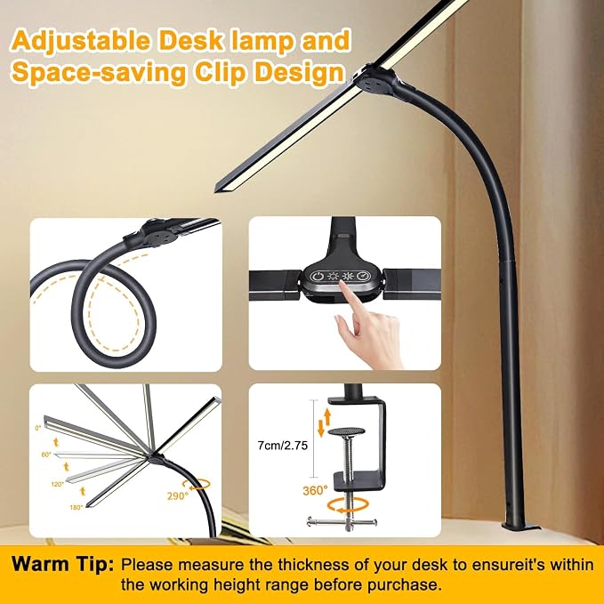 Double Head LED Desk Lamp for Office - Eye Caring Lamp with Clamp, Flexible Adjustable Lighting Gooseneck Desk Light, 4 Color Modes & 5 Brightness Levels for Monitor Workbench Study Reading