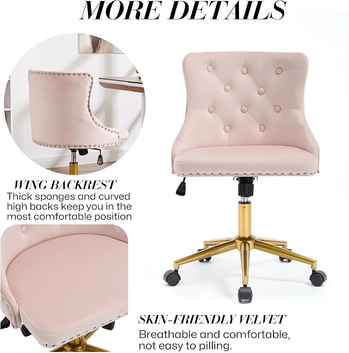 Velvet Armless Home Office Desk Chair, Swivel Height-Adjustable Small Cute Vanity Chair for Women/Girls, Comfy Makeup Chair with Rivet and Gold Base for Living Room, Bedroom(Light Pink)