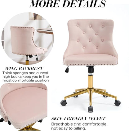 Velvet Armless Home Office Desk Chair, Swivel Height-Adjustable Small Cute Vanity Chair for Women/Girls, Comfy Makeup Chair with Rivet and Gold Base for Living Room, Bedroom(Light Pink)