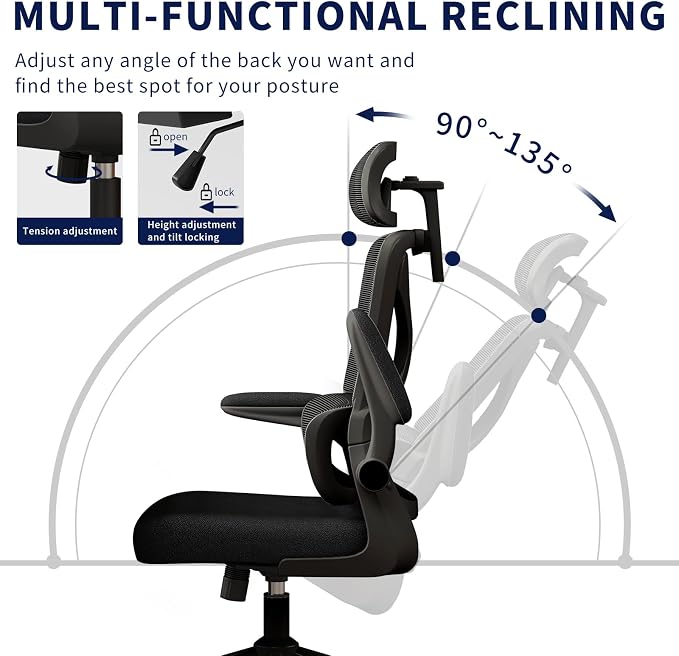 Ergonomic Office Chair - Desk Chair with Adjustable Headrest Lumbar Support Computer Chair - Mesh Comfy Chair with Flip-up Armrests - Gaming Chairs for Adults Home Office (Black+Black)