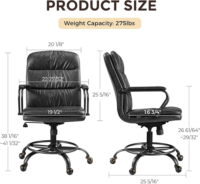 EUREKA ERGONOMIC Mid-Century Vintage Office Chair, Faux Leather Executive Desk Chair with Unique Ball Casters and Fixed Footrest Ring, Brown Retro Swivel Chair for Home Office and Study, Gray