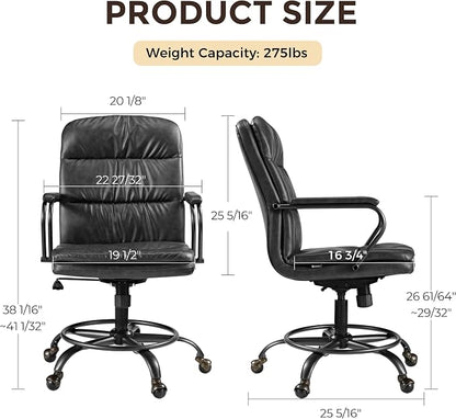 EUREKA ERGONOMIC Mid-Century Vintage Office Chair, Faux Leather Executive Desk Chair with Unique Ball Casters and Fixed Footrest Ring, Brown Retro Swivel Chair for Home Office and Study, Gray