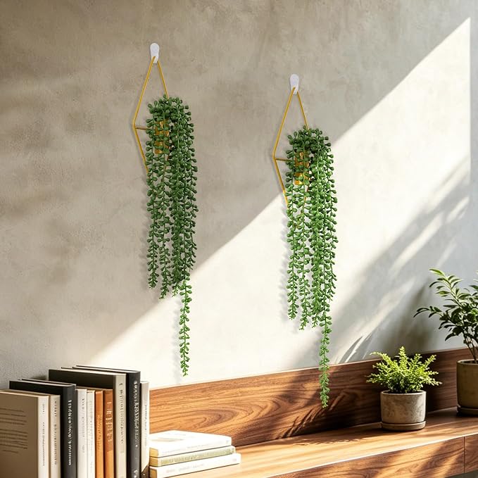 2 Pack Artificial Hanging Plants with Geometric Metal Wall Planter, Faux String of Pearls Hanging Plant, Fake Succulent Vine Potted Plant for Wall Decor, Indoor Outdoor Home Office Garden Patio Decor