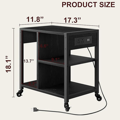 GAOMON Under Desk Printer Stand with Charging Station, Industrial Printer Table with 3 Storage Shelves, Mobile Heavy Duty Printer Cart with Lockable Wheels for Paper Storage, Home Office,Retro Black