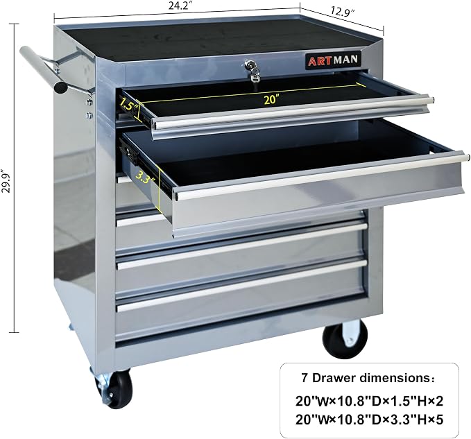 RYH 7 Drawers Rolling Tool Chest & Tool Box on Wheels | Heavy Duty Metal Cart with Ball Bearing Drawers | Fits US General Tool Box for Garage Storage (Silver, 7 Drawers（29.9" H × 24.2" W × 12.9" D)