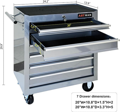 RYH 7 Drawers Rolling Tool Chest & Tool Box on Wheels | Heavy Duty Metal Cart with Ball Bearing Drawers | Fits US General Tool Box for Garage Storage (Silver, 7 Drawers（29.9" H × 24.2" W × 12.9" D)