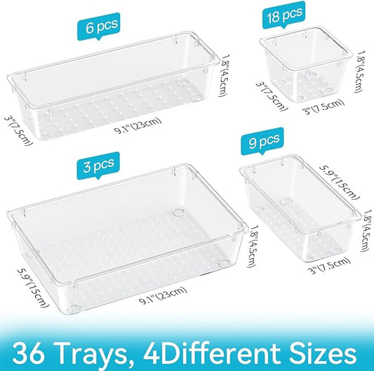 ElegantArray 36 PCS Drawer Organizer Set, 4 Sizes Tool Storage Trays, Clear Plastic Makeup Vanity Organizer and Storage Bins for Makeup, Stationeries, Multiple Gadgets for Bathroom, Office, Bedroom
