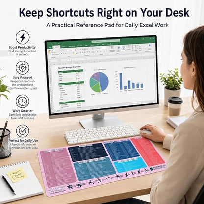 Excel Cheat Sheet Desk Pad, XXL 35.5 x 15.8 in Large Mouse Pad with Excel Shortcuts, Non-Slip Spreadsheet Reference Desk Mat for Office, Accountants, Students & Home Office, Blush Pink