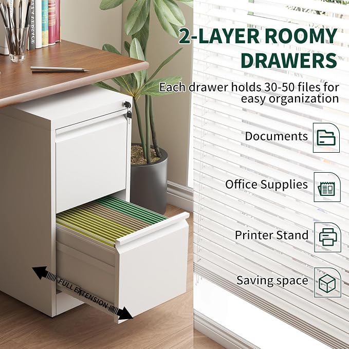 2 Drawer File Cabinet with Lock, Metal Vertical Filing Cabinet, Filing Cabinets for Home Office, Office Furniture Organization Hanging Files for A4/Legal/Letter, Require Assembly, White