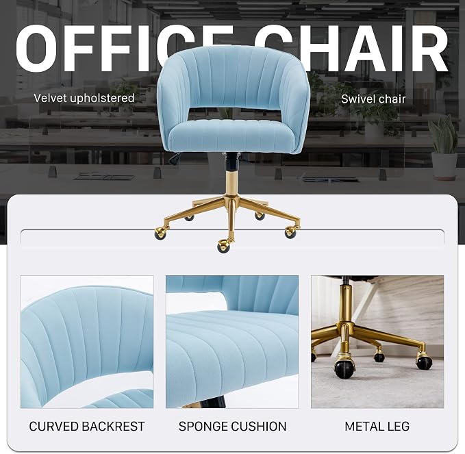 KCC Home Office Chair Swivel Desk Chair Accent Armchair Upholstered Modern Tufted Chairs with Gold Base for Girls Women Ergonomic Study Seat Computer Task Stools, with Wheels, Velvet(Blue)