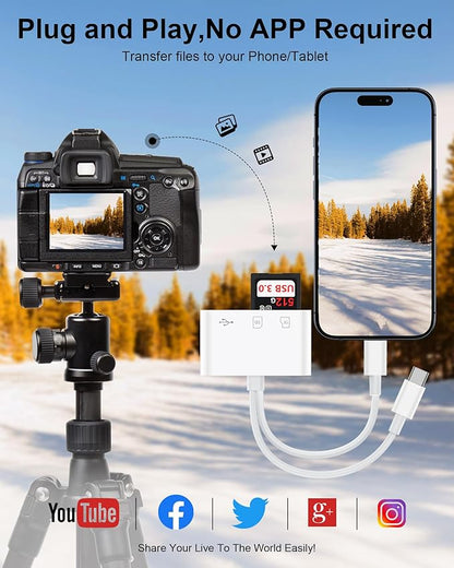 SD Card Reader for iPhone, iPad, Samsung, Memory SD Card Reader USB C&Lightning Dual Port Micro SD Card Reader with USB Camera Adapter Plug and Play Trail Game Camera Card Viewer Supports SD/TF Card