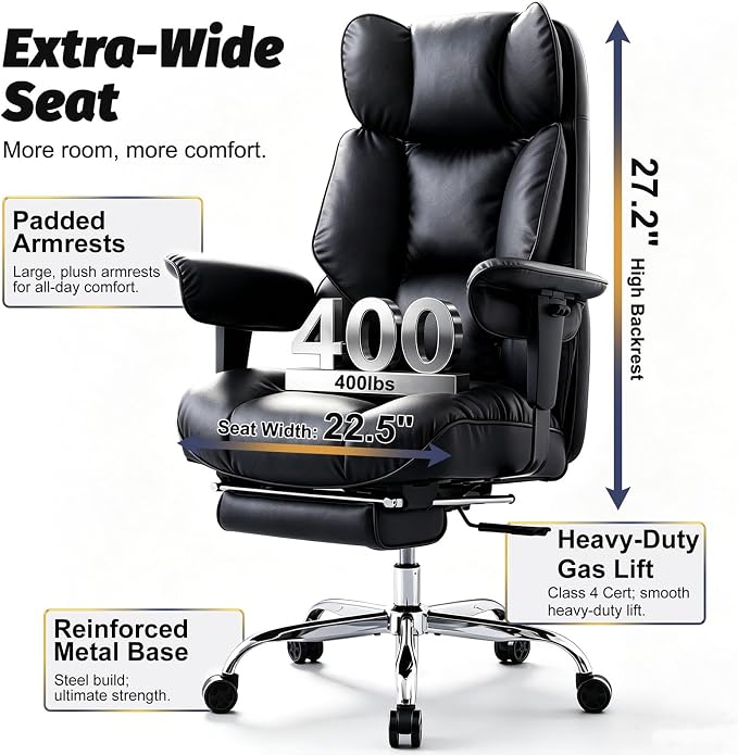 Efomao Executive Office Chair 400lbs, Black Big and Tall Desk Chair | Mattress-grade pocket spring cushion, sleek leather, 135° recline & footrest for computer gaming setup.
