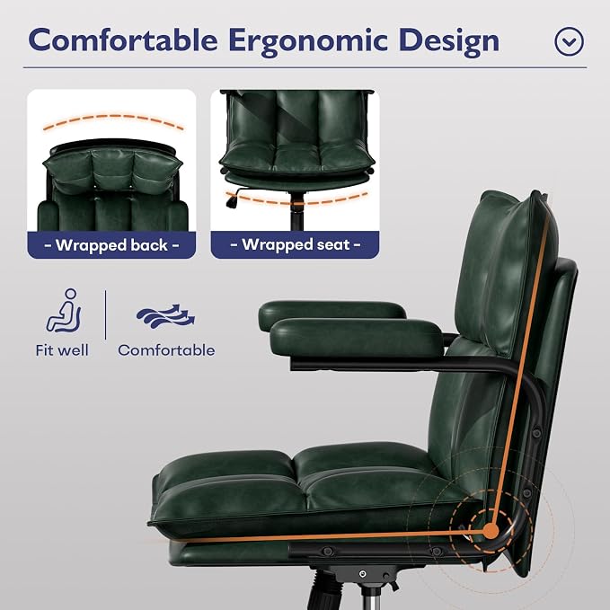 Ollega Mid Century Modern Desk Chair, Vintage Leather Office Chair, Green | Petite Computer Chair for Small to Medium Women, Thickened Back, Cozy Seat, Adjustable Height for Home